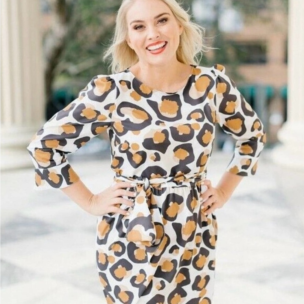 Emily McCarthy leopard print Dress. Size Medium with belt and 3/4 sleeves